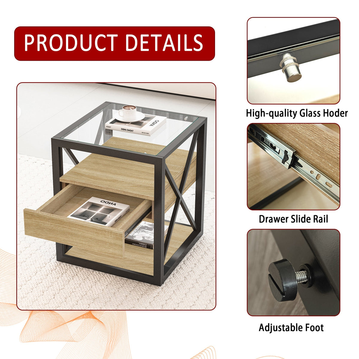 Modern End Tables with Drawer - Set of 2 Nightstands with Tempered Glass Top