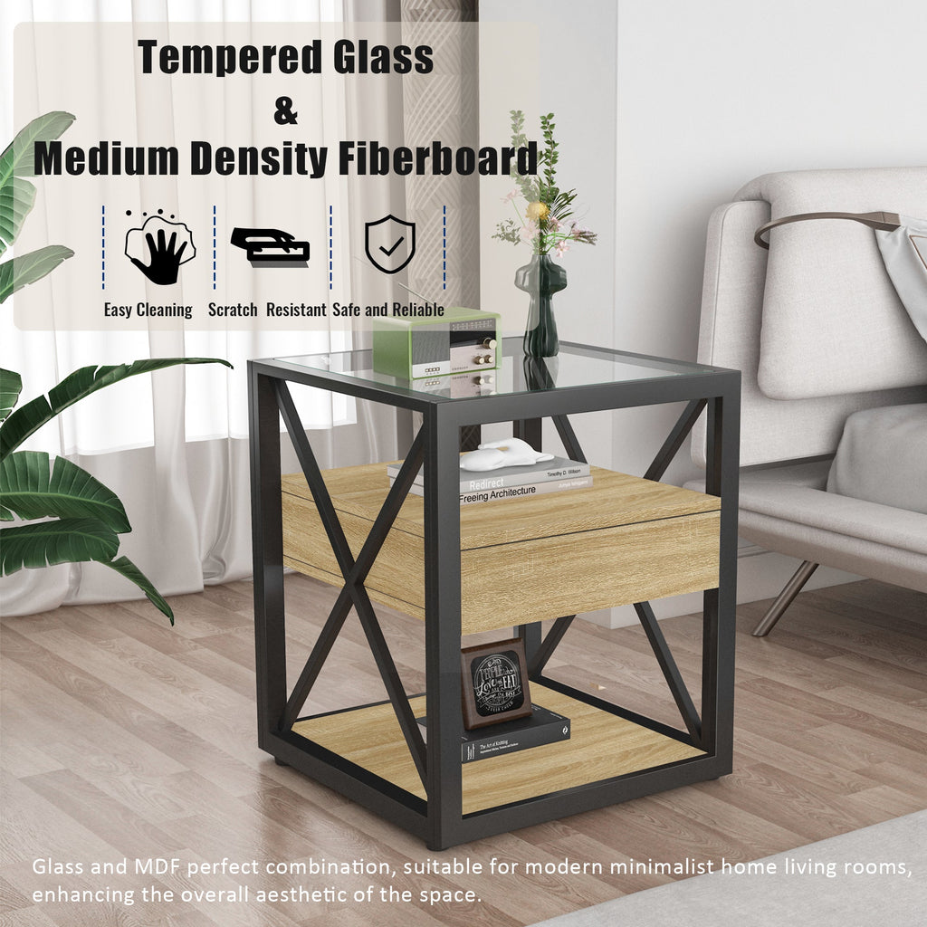 Set of 2 Modern End Table with Drawer - Nightstand for Bedroom & Living Room