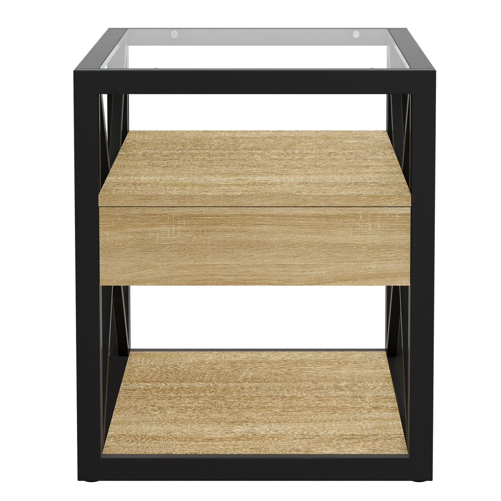 Modern End Tables with Drawer - Set of 2 Nightstands with Tempered Glass Top