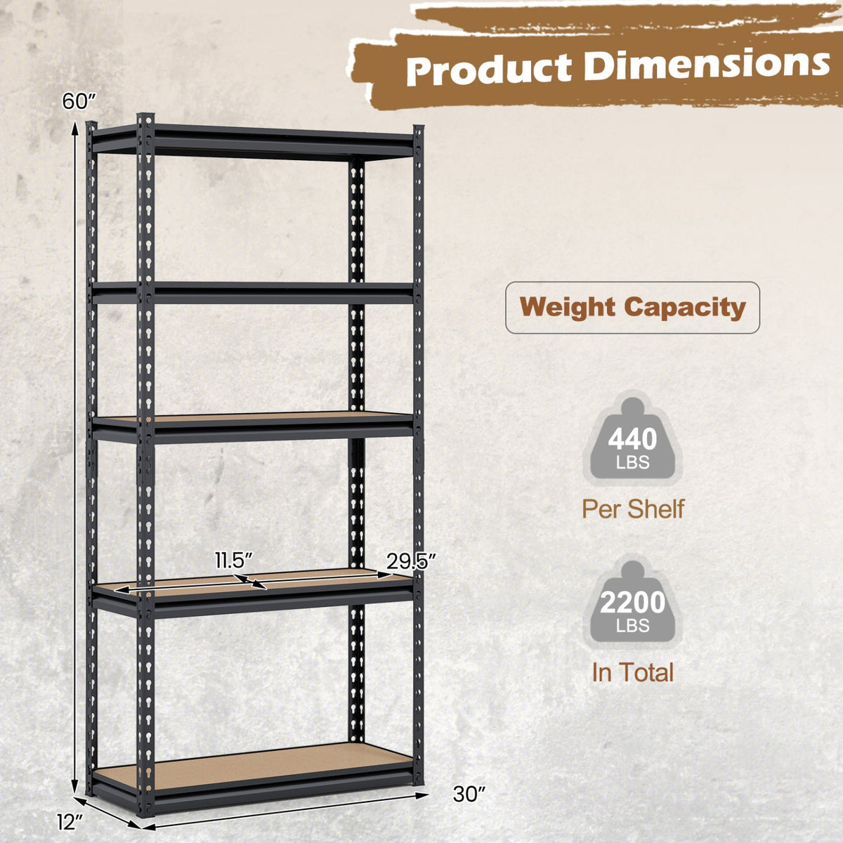5-Tier Garage Shelving Unit 2200 LBS Heavy Duty Metal Storage Shelves