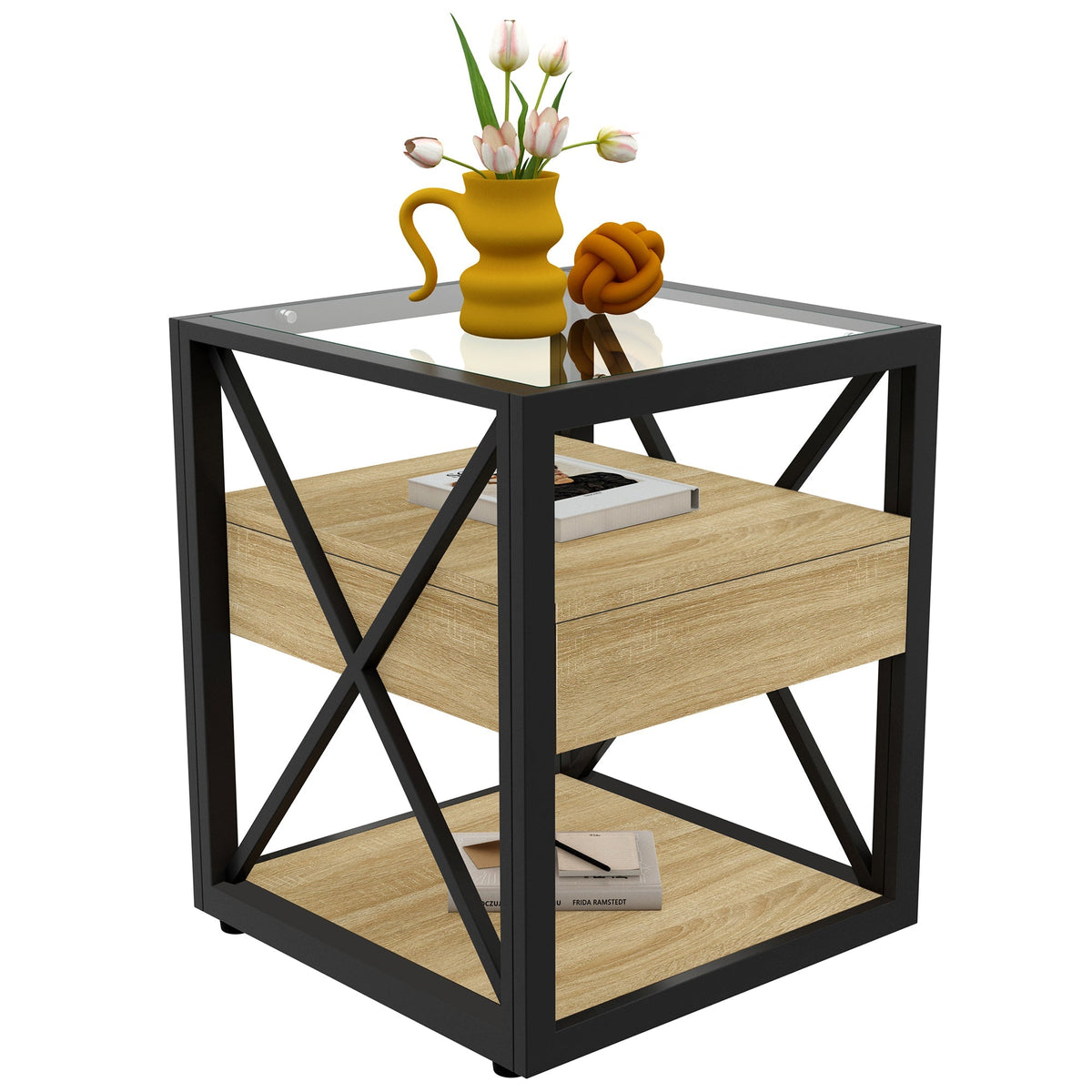 Modern End Tables with Drawer - Set of 2 Nightstands with Tempered Glass Top