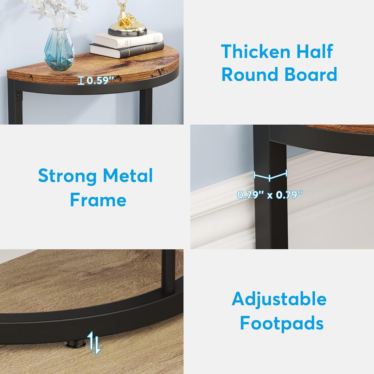 Slim Half Moon 2-Tier Semi-Circle End Table, 19.69" Rustic