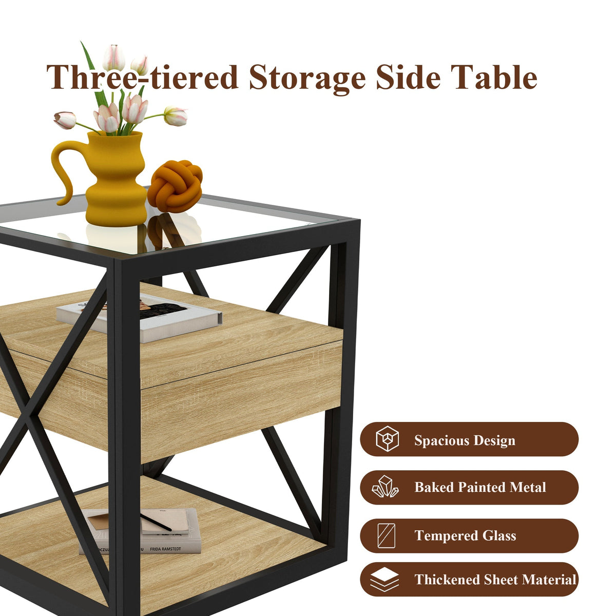 Modern End Tables with Drawer - Set of 2 Nightstands with Tempered Glass Top