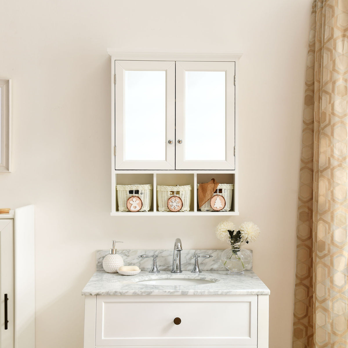 Bathroom Storage Cabinet, Medicine Cabinets For Bathroom With Mirror, 2 Doors 2 Adjustable Shelf & 3 Christmas Style Storage Basket - White