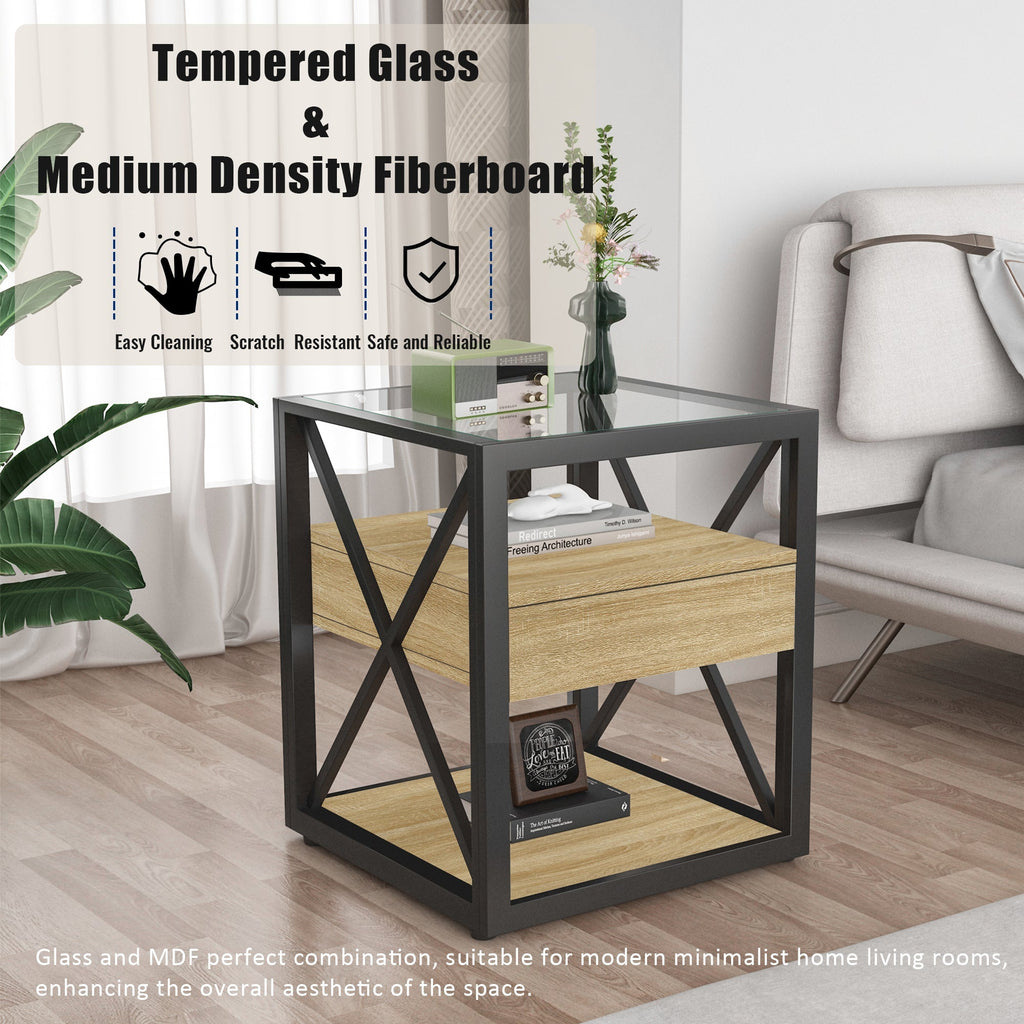 Modern End Tables with Drawer - Set of 2 Nightstands with Tempered Glass Top