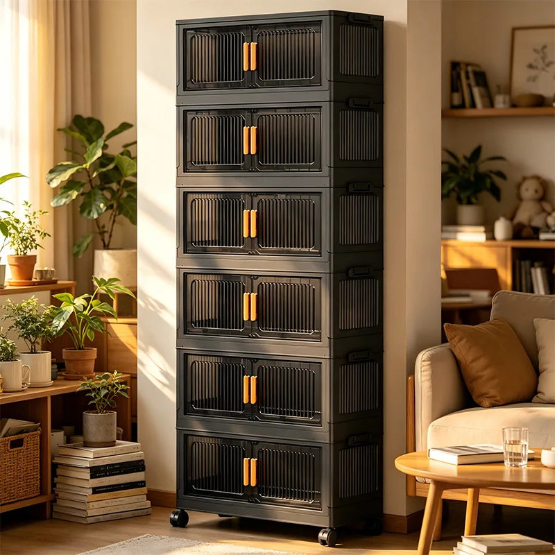 3/4/5-Tier 19.67in Width Foldable Double Door Storage Cabinet with Top Lid, Stackable Interlocking Plastic Organizer on Lockable Rolling Wheels, No Assembly Vertical Storage for Bedroom, Kitchen Pantry, Living Room, Store Clo