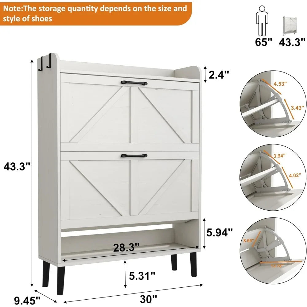 Shoe Storage Cabinet for Entryway, 30" Freestanding Organizer with Two Flip Drawers, Narrow Hidden Shoe Rack with Wood Legs