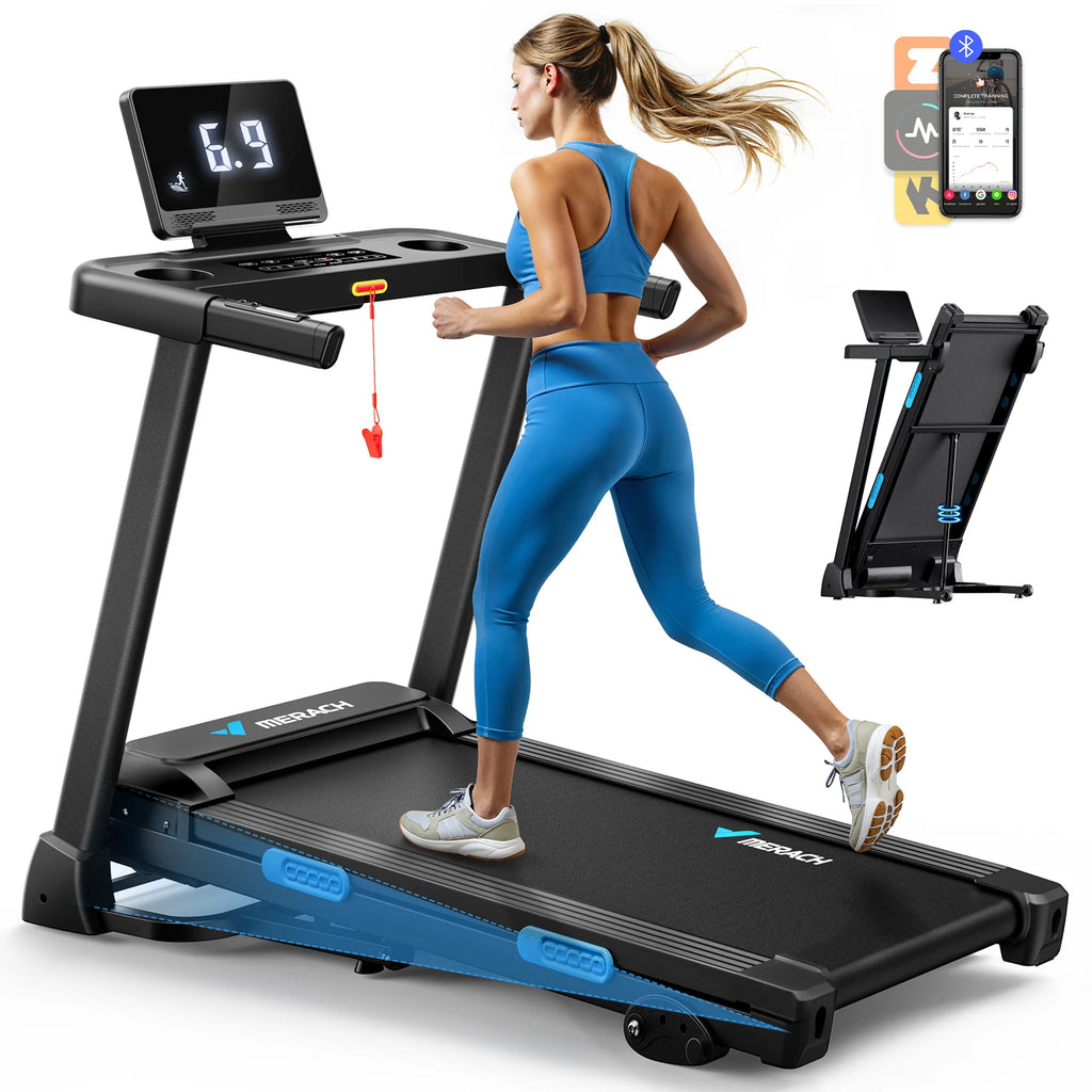 MERACH Foldable Treadmill T12 Incline Quiet Treadmills Double Deck Technology 4 Silicone Shock Cushion Heart Rate Monitoring