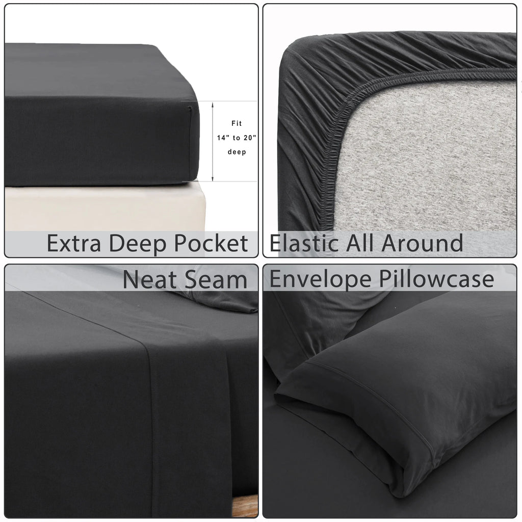 4-Piece 100% Cotton Jersey Knit Sheet Set – Ultra Soft & Breathable Bedding Set with Deep Pocket Fitted Sheet, Flat Sheet & 2 Pillowcases（Without Core） – Wrinkle Free, Machine Washable, Secure Fit & Cozy Comfort for A