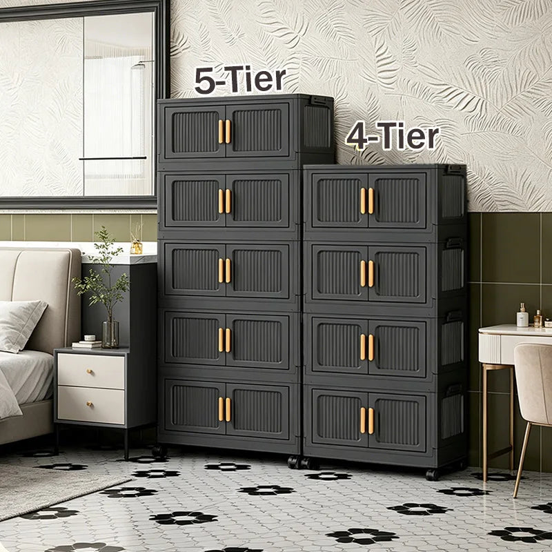 3/4/5-Tier 19.67in Width Foldable Double Door Storage Cabinet with Top Lid, Stackable Interlocking Plastic Organizer on Lockable Rolling Wheels, No Assembly Vertical Storage for Bedroom, Kitchen Pantry, Living Room, Store Clo