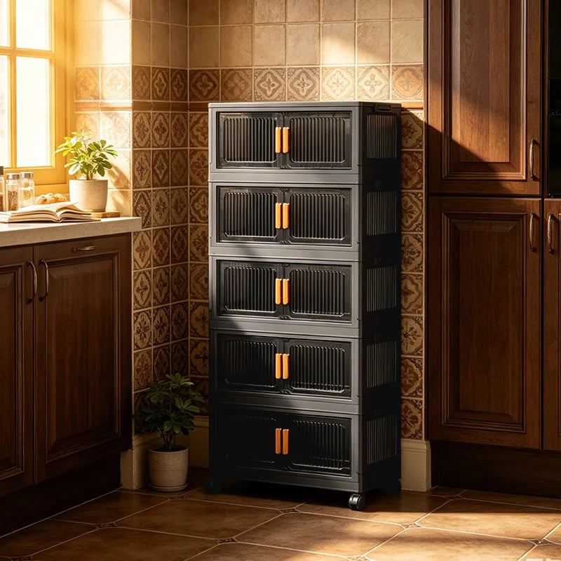 3/4/5-Tier 19.67in Width Foldable Double Door Storage Cabinet with Top Lid, Stackable Interlocking Plastic Organizer on Lockable Rolling Wheels, No Assembly Vertical Storage for Bedroom, Kitchen Pantry, Living Room, Store Clo