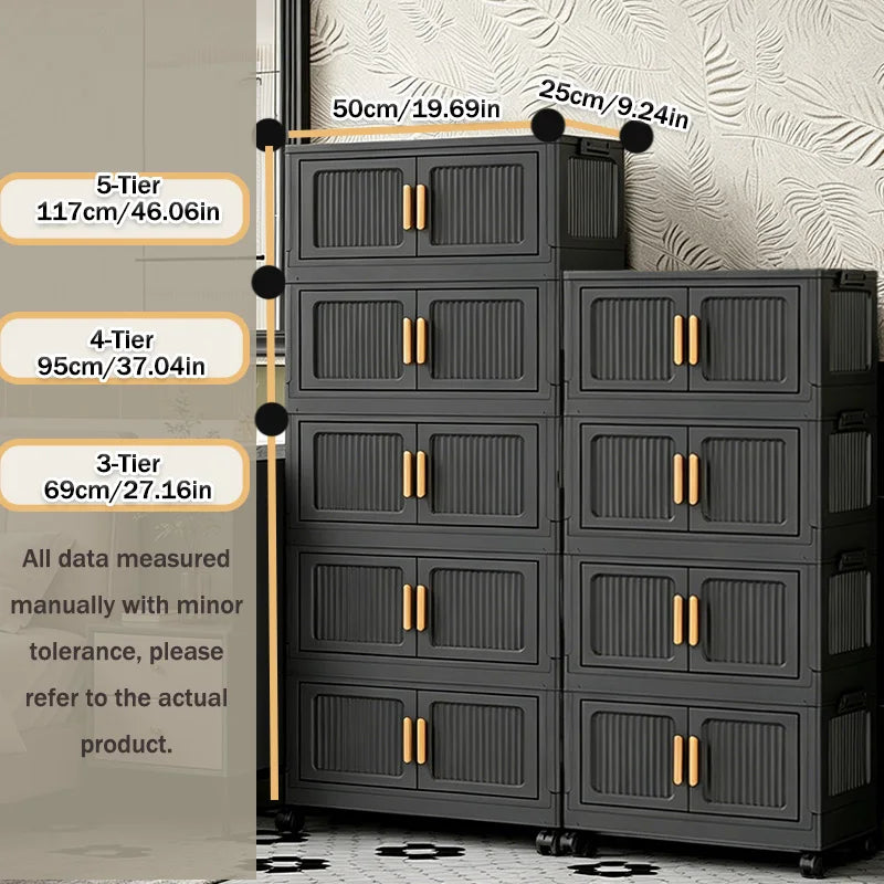 3/4/5-Tier 19.67in Width Foldable Double Door Storage Cabinet with Top Lid, Stackable Interlocking Plastic Organizer on Lockable Rolling Wheels, No Assembly Vertical Storage for Bedroom, Kitchen Pantry, Living Room, Store Clo
