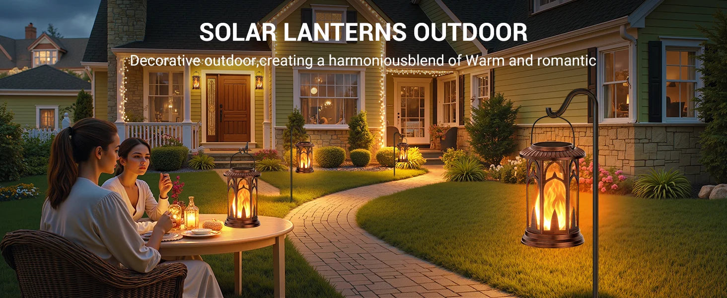 Solar Lantern Outdoor Lights, Upgraded Flickering Flame Solar Lanterns Outdoor Waterproof, Auto ON/Off Lanterns Decorative Outdoor