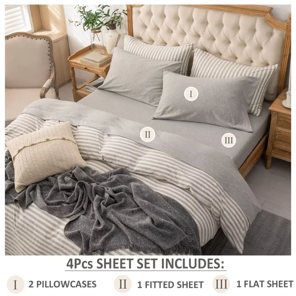 4-Piece 100% Cotton Jersey Knit Sheet Set – Ultra Soft & Breathable Bedding Set with Deep Pocket Fitted Sheet, Flat Sheet & 2 Pillowcases（Without Core） – Wrinkle Free, Machine Washable, Secure Fit & Cozy Comfort for A
