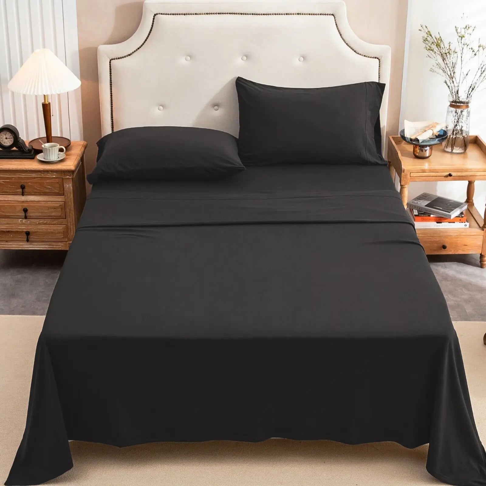 4-Piece 100% Cotton Jersey Knit Sheet Set – Ultra Soft & Breathable Bedding Set with Deep Pocket Fitted Sheet, Flat Sheet & 2 Pillowcases（Without Core） – Wrinkle Free, Machine Washable, Secure Fit & Cozy Comfort for A