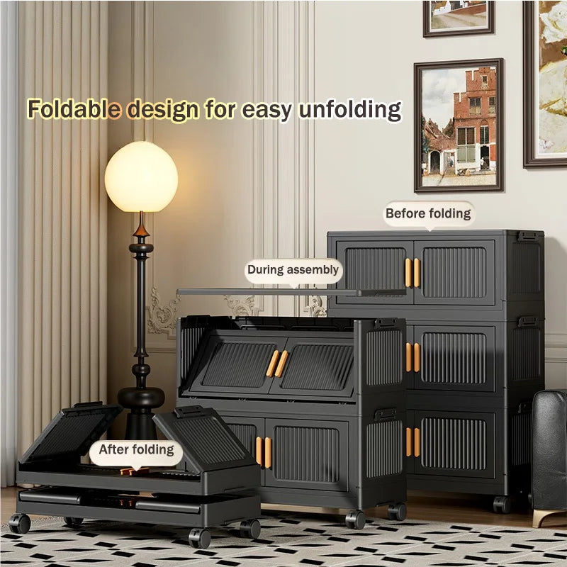3/4/5-Tier 19.67in Width Foldable Double Door Storage Cabinet with Top Lid, Stackable Interlocking Plastic Organizer on Lockable Rolling Wheels, No Assembly Vertical Storage for Bedroom, Kitchen Pantry, Living Room, Store Clo