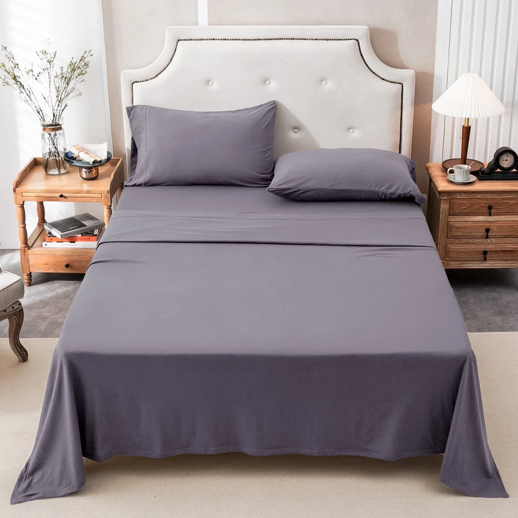 4-Piece 100% Cotton Jersey Knit Sheet Set – Ultra Soft & Breathable Bedding Set with Deep Pocket Fitted Sheet, Flat Sheet & 2 Pillowcases（Without Core） – Wrinkle Free, Machine Washable, Secure Fit & Cozy Comfort for A