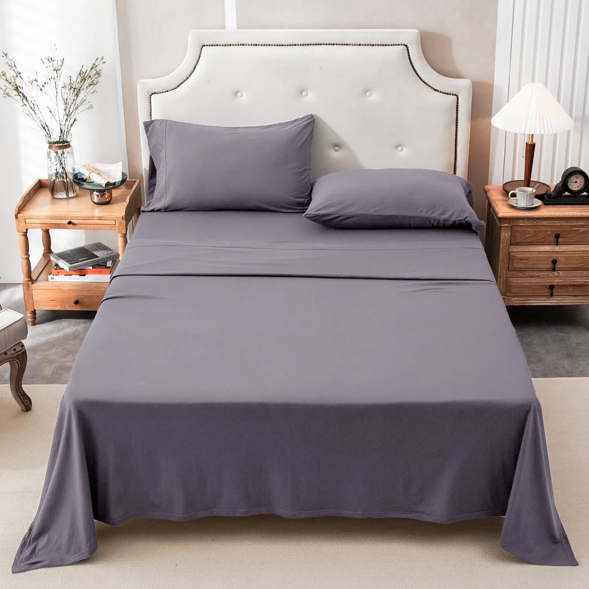4-Piece 100% Cotton Jersey Knit Sheet Set – Ultra Soft & Breathable Bedding Set with Deep Pocket Fitted Sheet, Flat Sheet & 2 Pillowcases（Without Core） – Wrinkle Free, Machine Washable, Secure Fit & Cozy Comfort for A