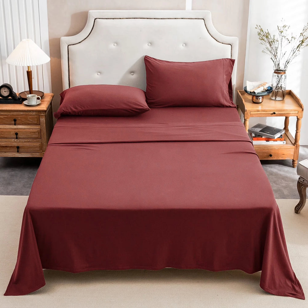 4-Piece 100% Cotton Jersey Knit Sheet Set – Ultra Soft & Breathable Bedding Set with Deep Pocket Fitted Sheet, Flat Sheet & 2 Pillowcases（Without Core） – Wrinkle Free, Machine Washable, Secure Fit & Cozy Comfort for A