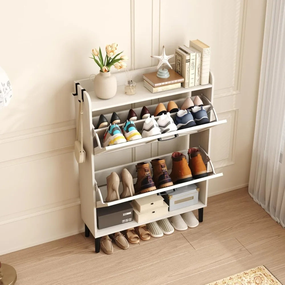 Shoe Storage Cabinet for Entryway, 30" Freestanding Organizer with Two Flip Drawers, Narrow Hidden Shoe Rack with Wood Legs