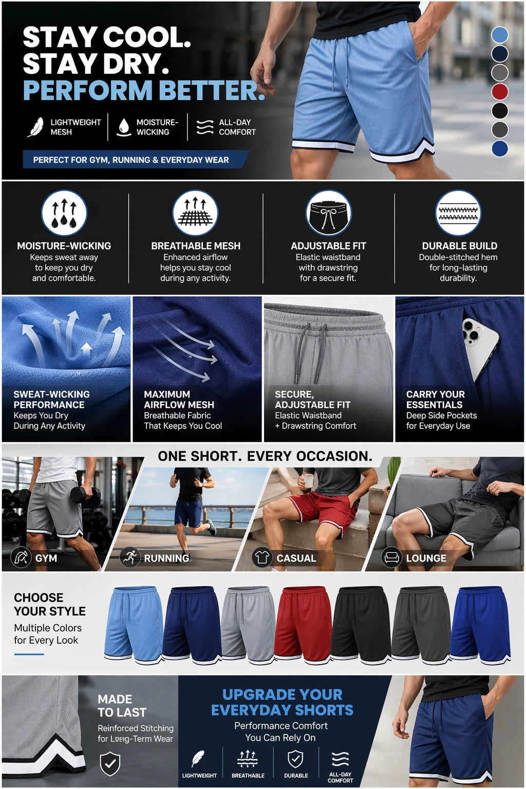 Men's Lightweight Breathable Moisture Wicking Mesh Athletic Shorts with Pockets