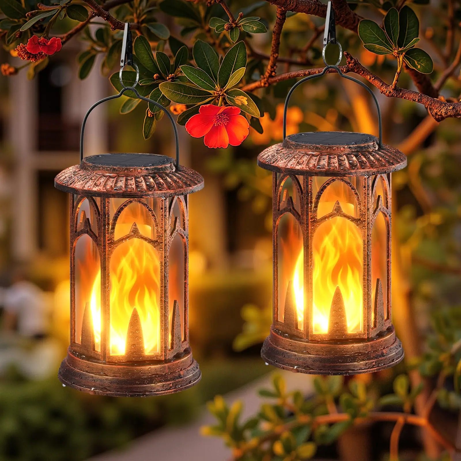 Solar Lantern Outdoor Lights, Upgraded Flickering Flame Solar Lanterns Outdoor Waterproof, Auto ON/Off Lanterns Decorative Outdoor