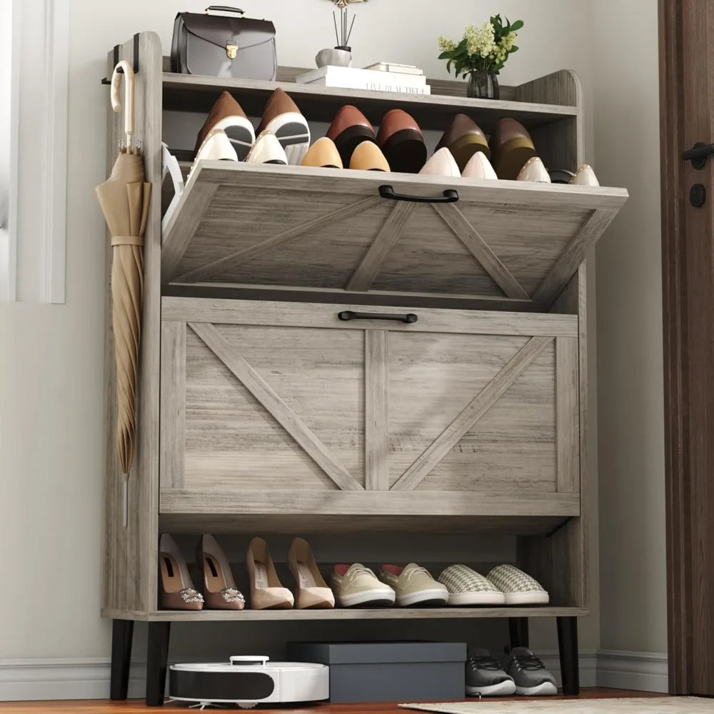 Shoe Storage Cabinet for Entryway, 30" Freestanding Organizer with Two Flip Drawers, Narrow Hidden Shoe Rack with Wood Legs
