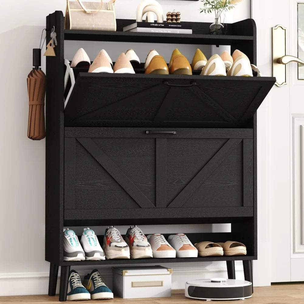 Shoe Storage Cabinet for Entryway, 30" Freestanding Organizer with Two Flip Drawers, Narrow Hidden Shoe Rack with Wood Legs