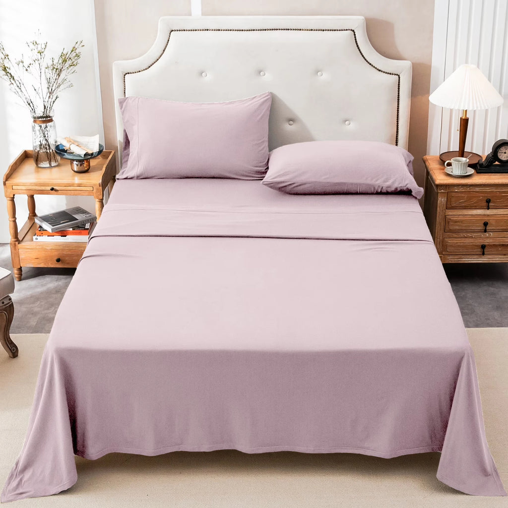 4-Piece 100% Cotton Jersey Knit Sheet Set – Ultra Soft & Breathable Bedding Set with Deep Pocket Fitted Sheet, Flat Sheet & 2 Pillowcases（Without Core） – Wrinkle Free, Machine Washable, Secure Fit & Cozy Comfort for A