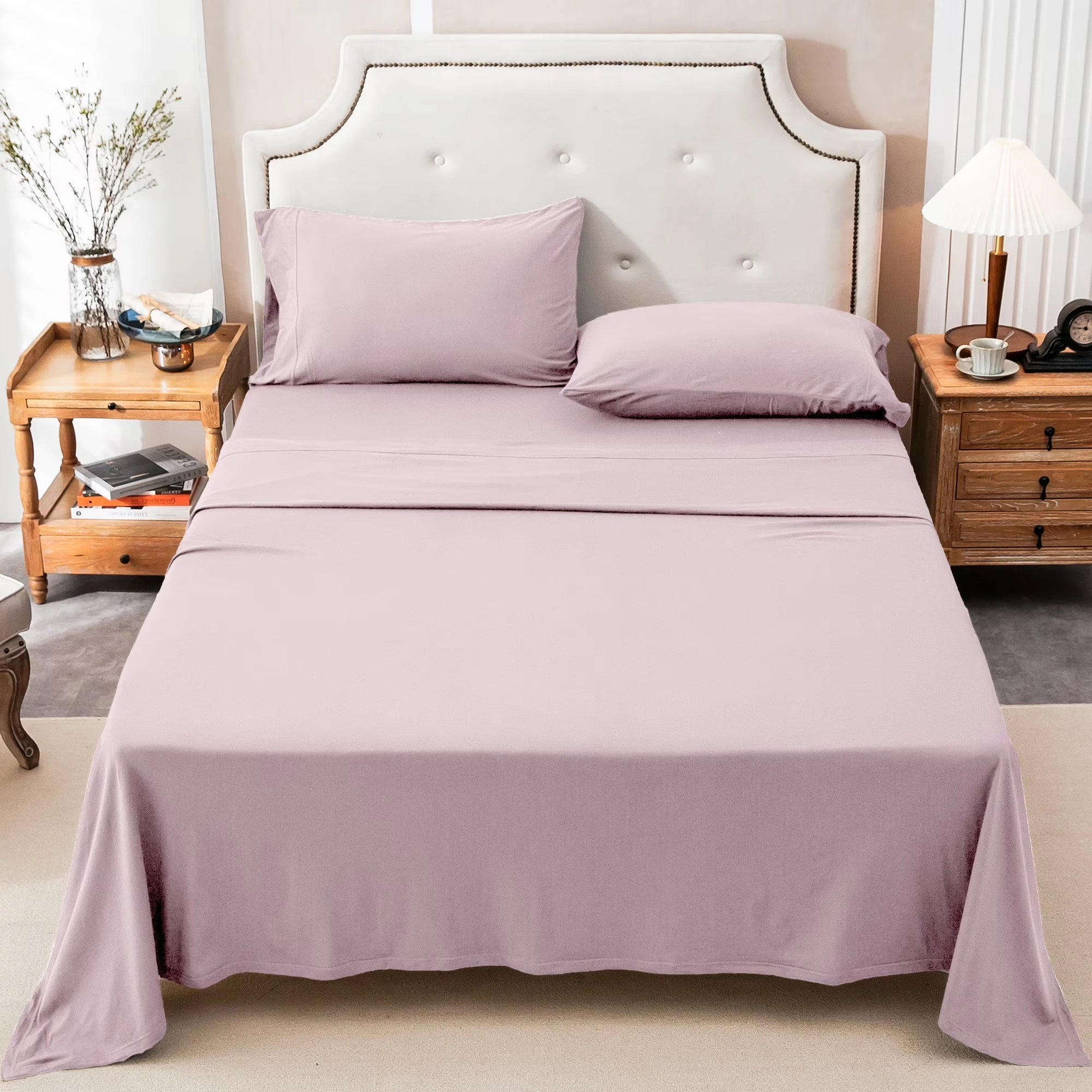 4-Piece 100% Cotton Jersey Knit Sheet Set – Ultra Soft & Breathable Bedding Set with Deep Pocket Fitted Sheet, Flat Sheet & 2 Pillowcases（Without Core） – Wrinkle Free, Machine Washable, Secure Fit & Cozy Comfort for A
