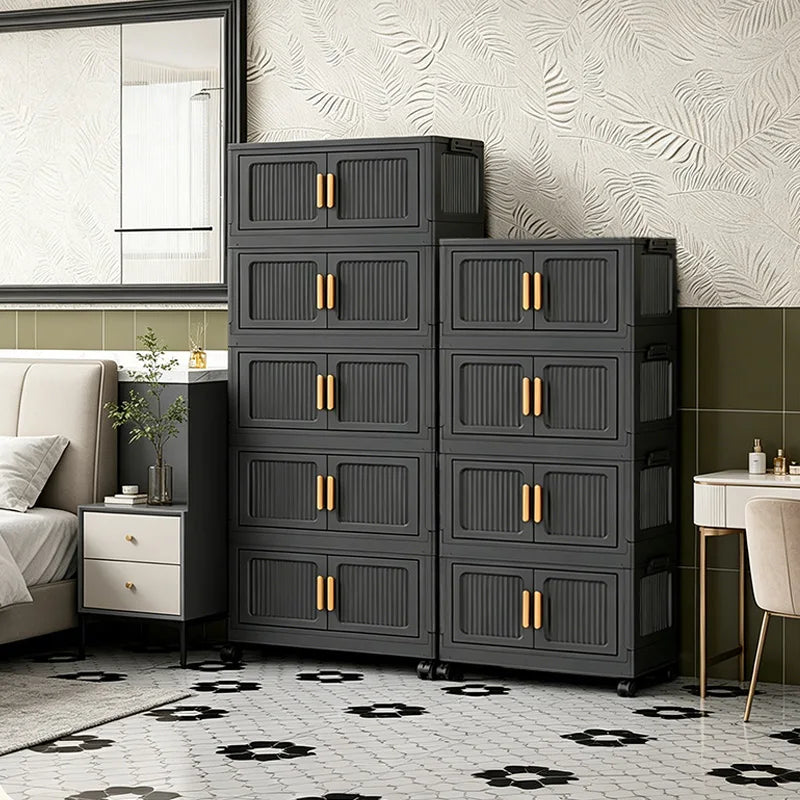 3/4/5-Tier 19.67in Width Foldable Double Door Storage Cabinet with Top Lid, Stackable Interlocking Plastic Organizer on Lockable Rolling Wheels, No Assembly Vertical Storage for Bedroom, Kitchen Pantry, Living Room, Store Clo