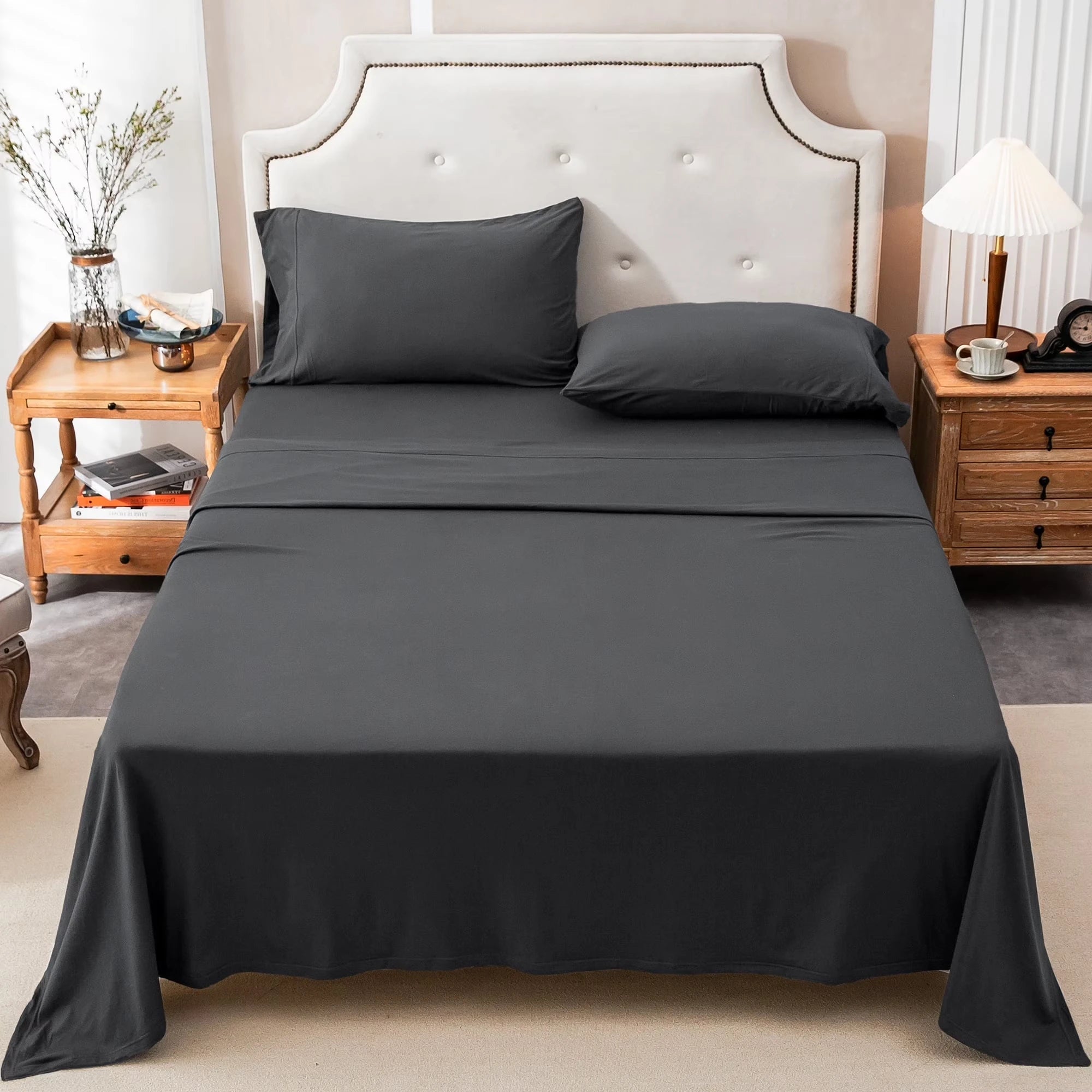 4-Piece 100% Cotton Jersey Knit Sheet Set – Ultra Soft & Breathable Bedding Set with Deep Pocket Fitted Sheet, Flat Sheet & 2 Pillowcases（Without Core） – Wrinkle Free, Machine Washable, Secure Fit & Cozy Comfort for A