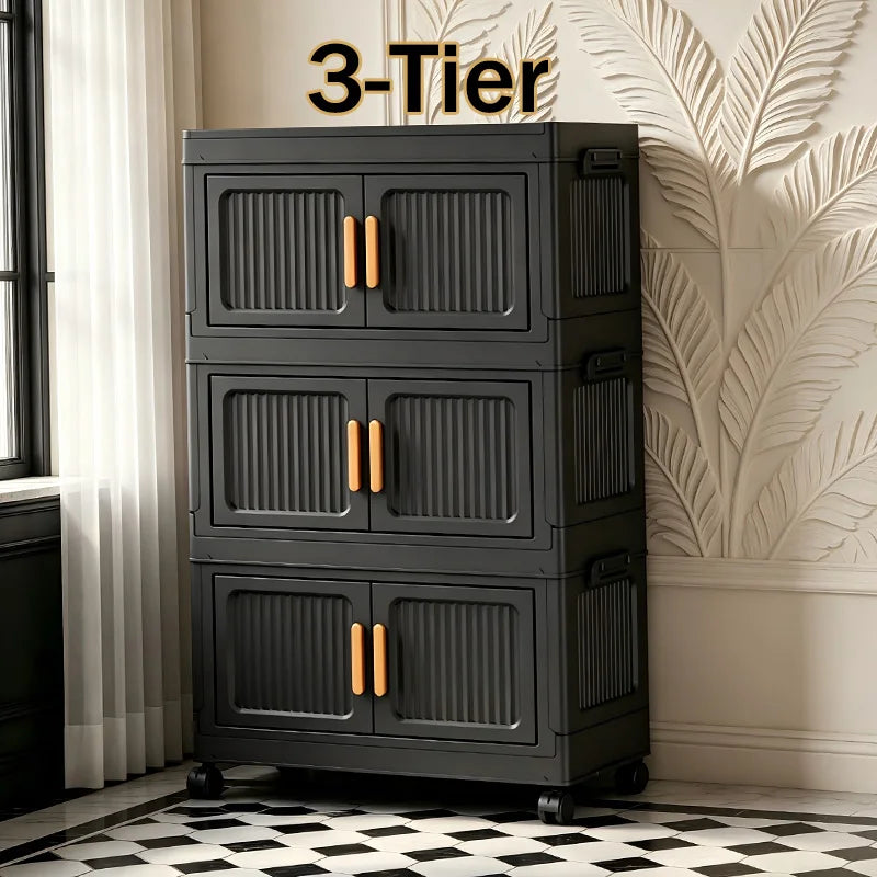 3/4/5-Tier 19.67in Width Foldable Double Door Storage Cabinet with Top Lid, Stackable Interlocking Plastic Organizer on Lockable Rolling Wheels, No Assembly Vertical Storage for Bedroom, Kitchen Pantry, Living Room, Store Clo