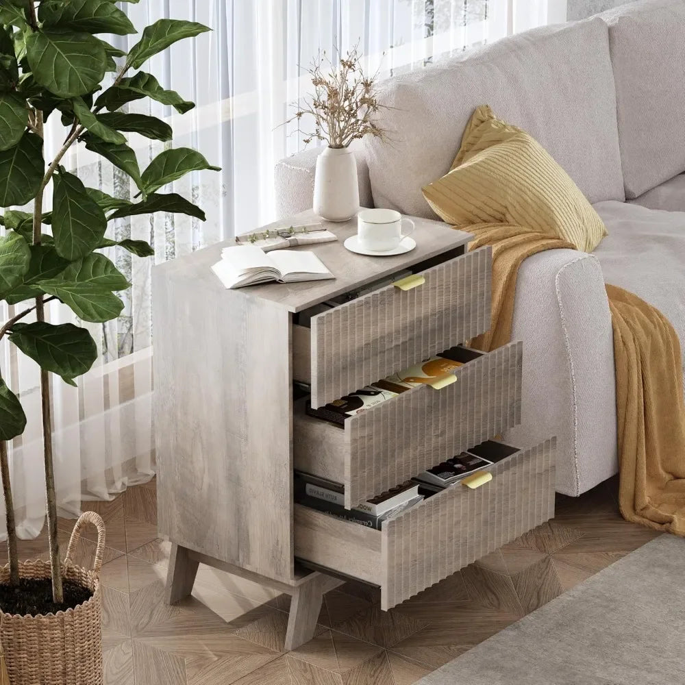 Nightstand Set 2, Bedside Table with 3 Drawers, Mid Century Modern Fluted Wood End Table, Farmhouse Nightstand for Bedroom, Grey