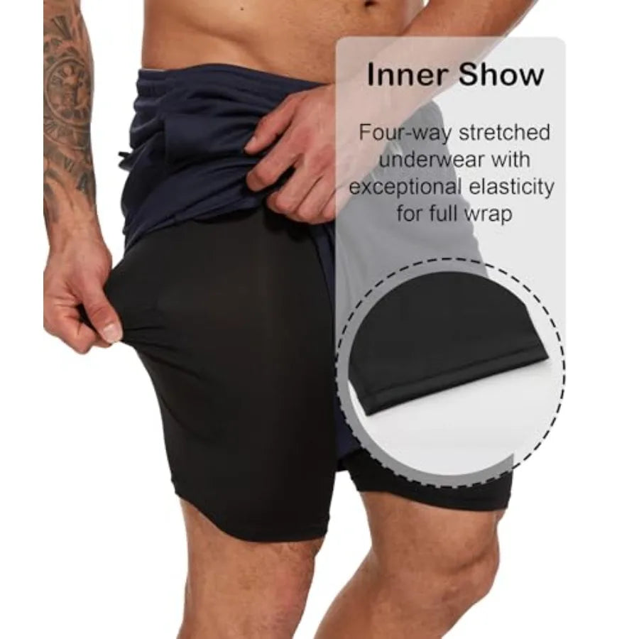 4 Pack Mens 2 in 1 Running Workout Shorts with Liner, Gym Athletic Quick Dry Sport Shorts with Pockets