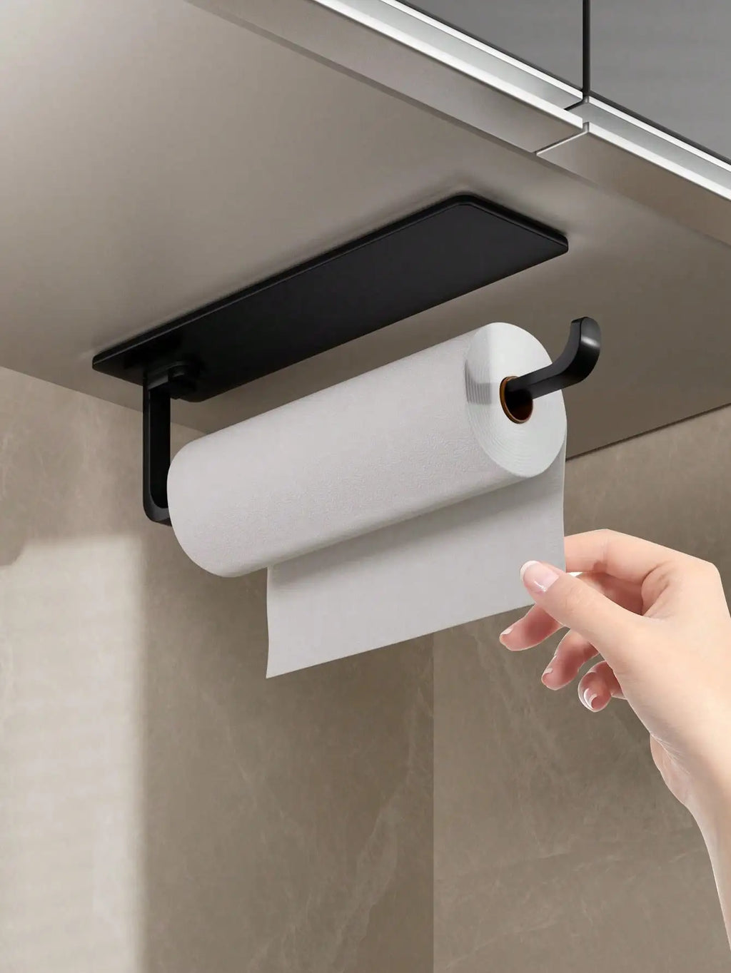 1pc Kitchen Paper Towel Holder, Wall-Mounted Or Self-Adhesive Installation under shelf, With Cling Film Dispenser & Storage Rack, Space-Saving, Stylish Paper Towel Rack, Durable Bracket, Suitable For RV Kitchen And Bathroom