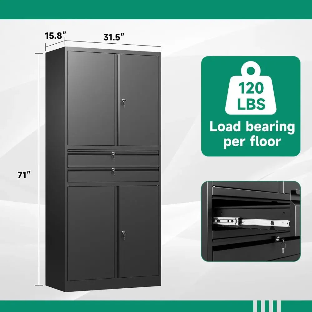 Metal Garage Storage Cabinet,71 Heavy Duty Steel Tool Cabinet with 4 Door LockAdjustable Shelves and 2 Drawer for Garage Home O