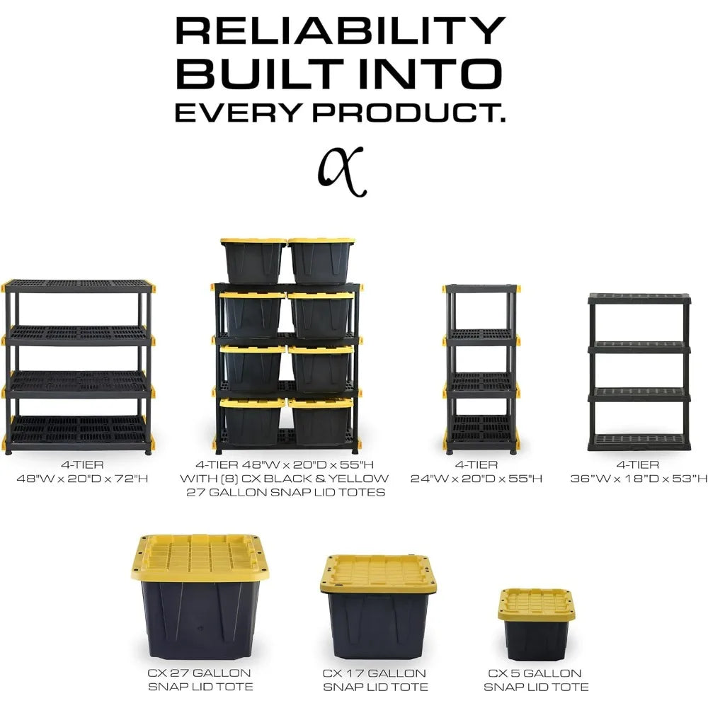 CENTREX CX 4-Tier Heavy Duty Plastic Storage Shelves 150lbs Capacity Per Shelf Black Weather-Resistant Easy Assembly Garage Kitchen