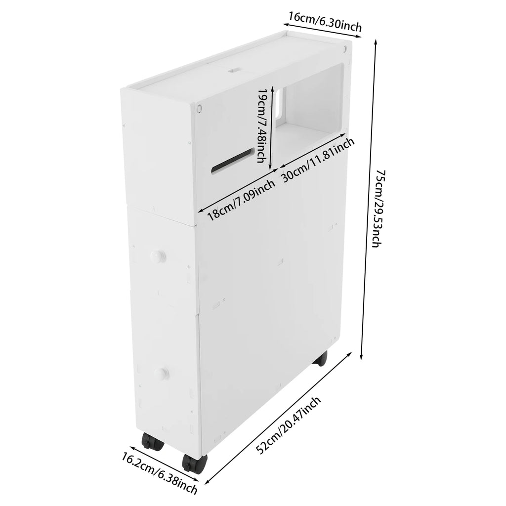 Modern Bathroom Storage Cabinet PVC Narrow Floor Storage Cabinet Floor Standing Storage Cabinet with Drawers Capacity 50kg White