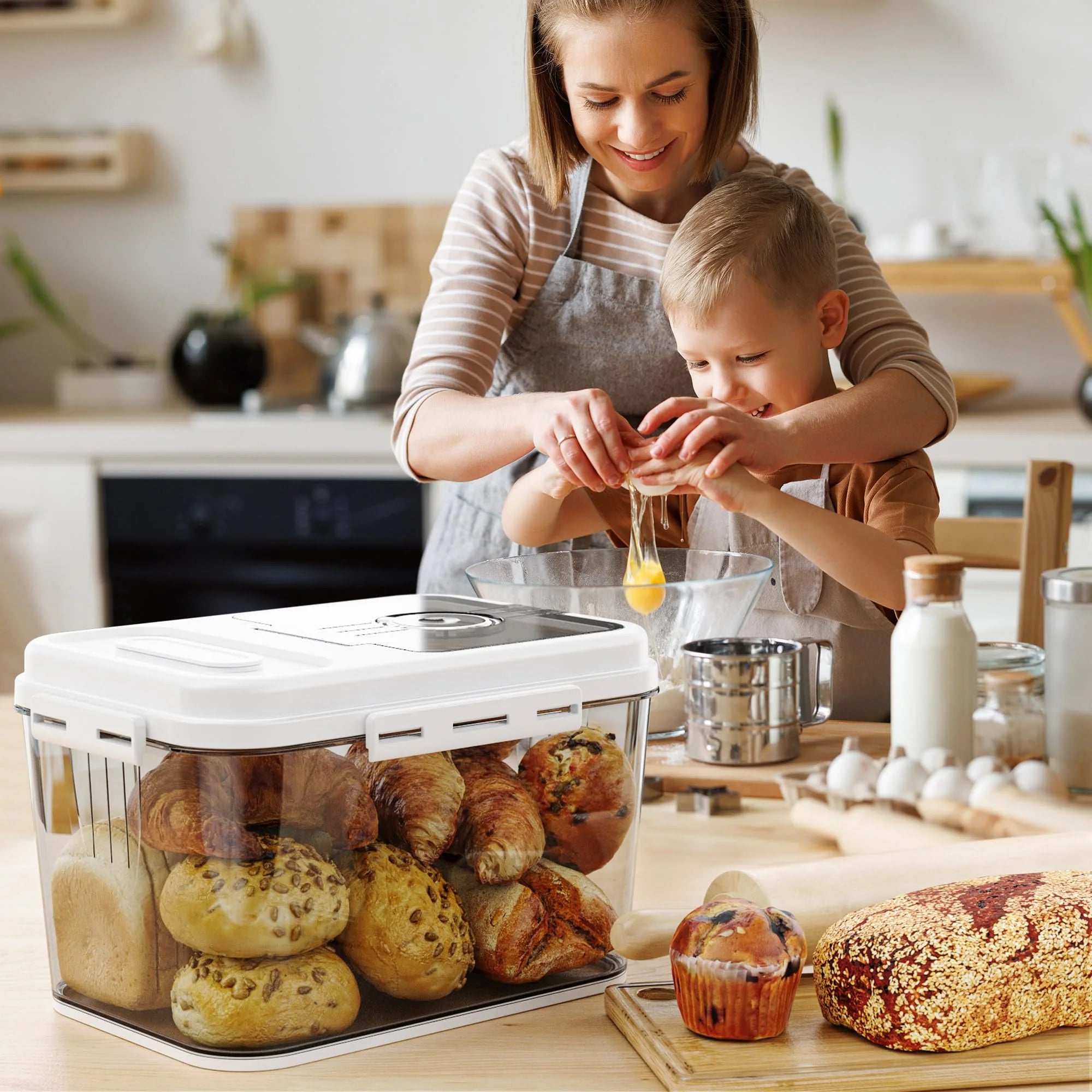 Bread Box For Kitchen Countertop, Airtight Bread Storage Container, Time Recording Bread Keeper with Lid,Bread Storage For Homemade Breads, Toast, And Cookies, White Bread Holder.