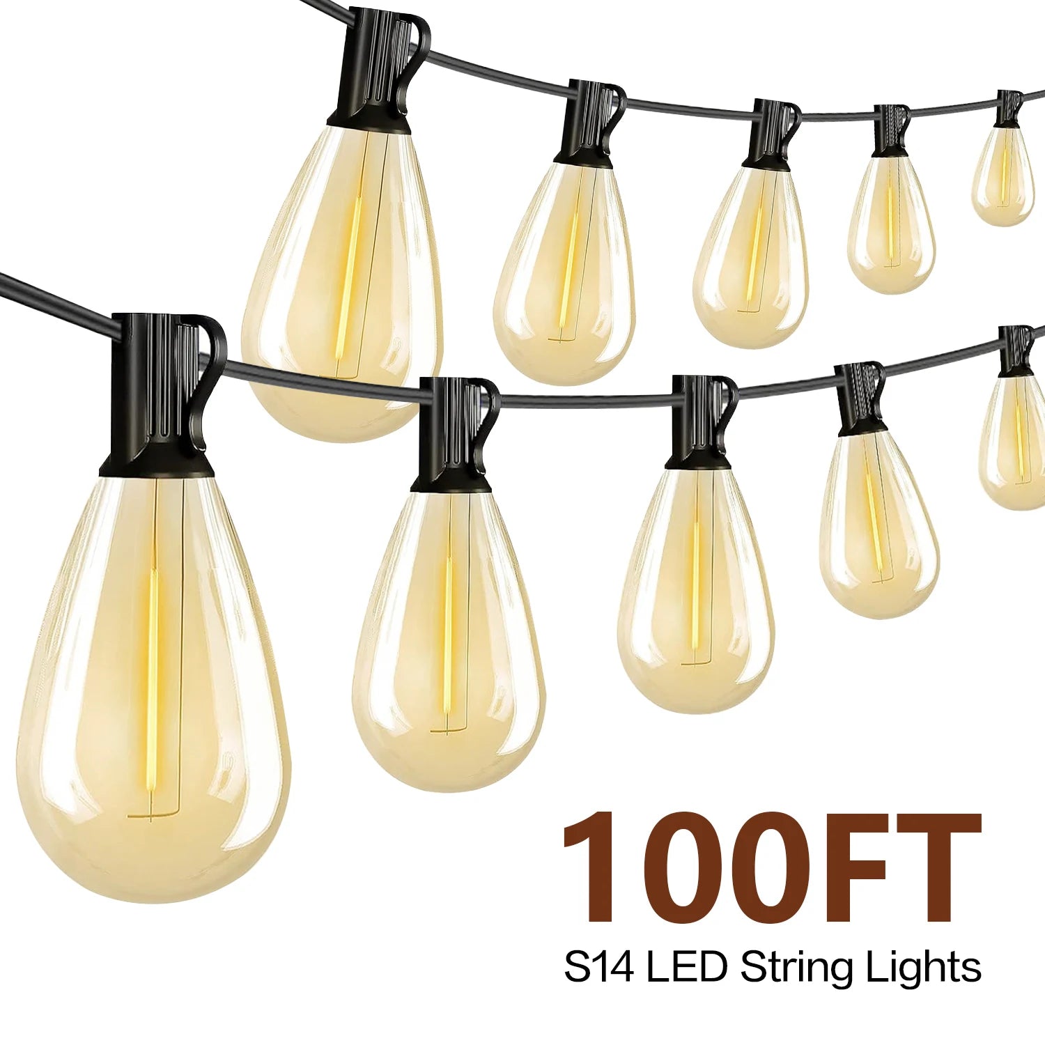 100FT S14 LED String Lights, 24 Bulbs, 2700K Warm White, E12 Base, Black Cord, High Voltage Outdoor Patio Lights