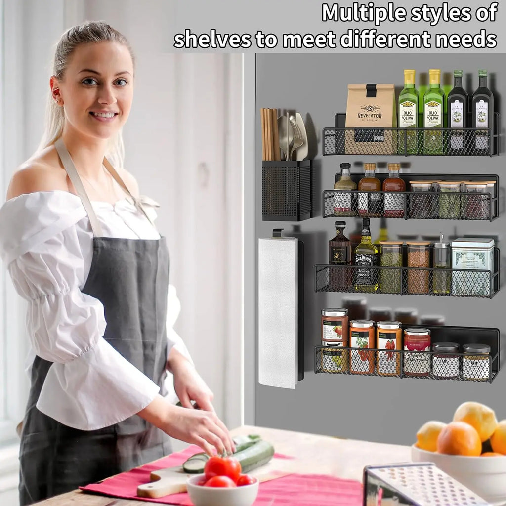 Refrigerator Magnetic Spice Rack, 6-piece 100% Metal Strong Magnetic Shelf Black, Space-Saving Spice Storage, Home Kitchen Laundry Storage Organization W/Tissue Rack, Cutlery Rack