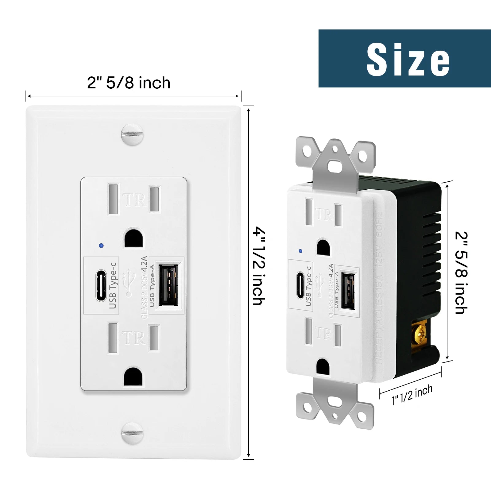 2PK 4.2/5.8A 110V Dual USB Port Type C Wall Socket with LED Indicator Charger AC Power Receptacle  Tamper Resistant Outlet Panel