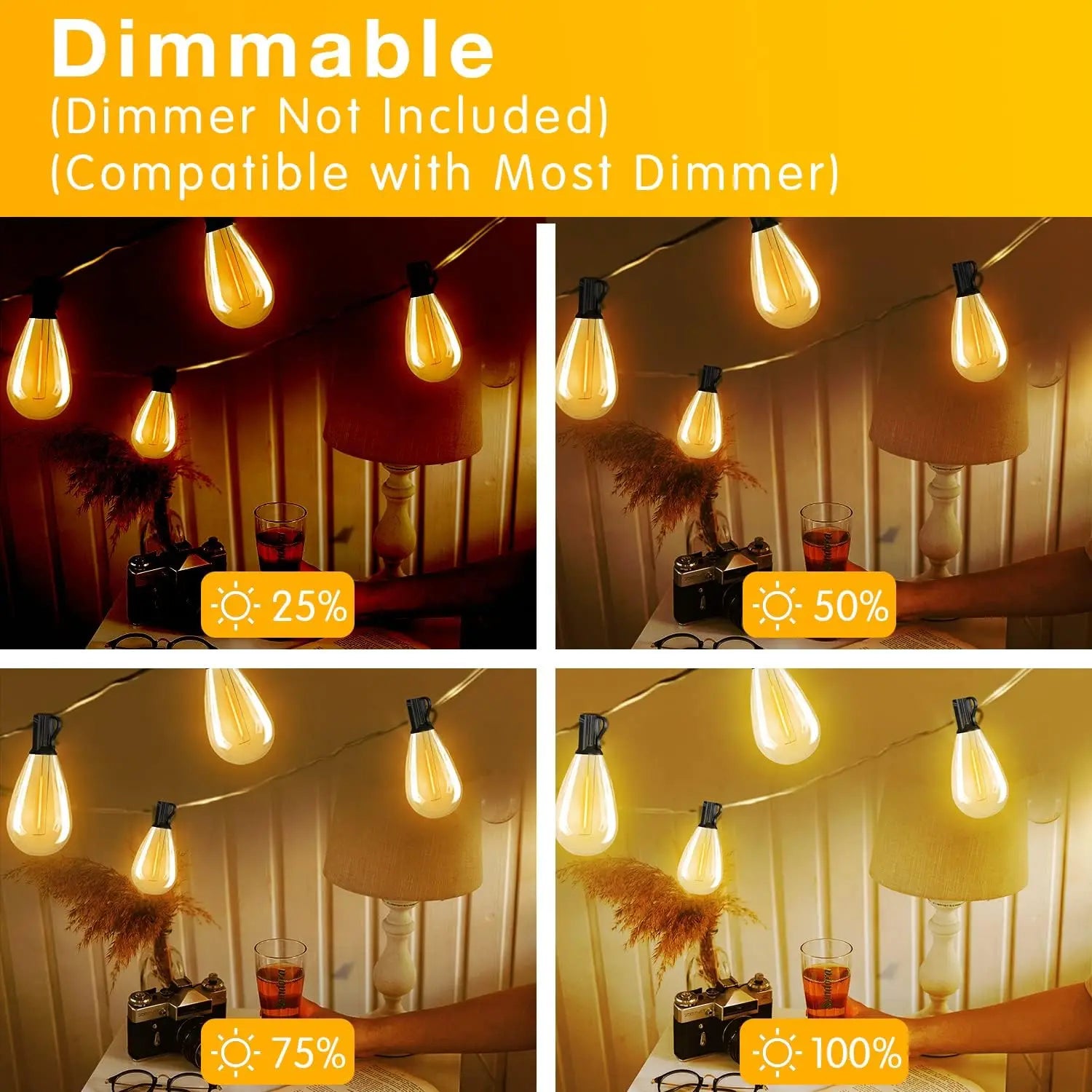 100FT S14 LED String Lights, 24 Bulbs, 2700K Warm White, E12 Base, Black Cord, High Voltage Outdoor Patio Lights