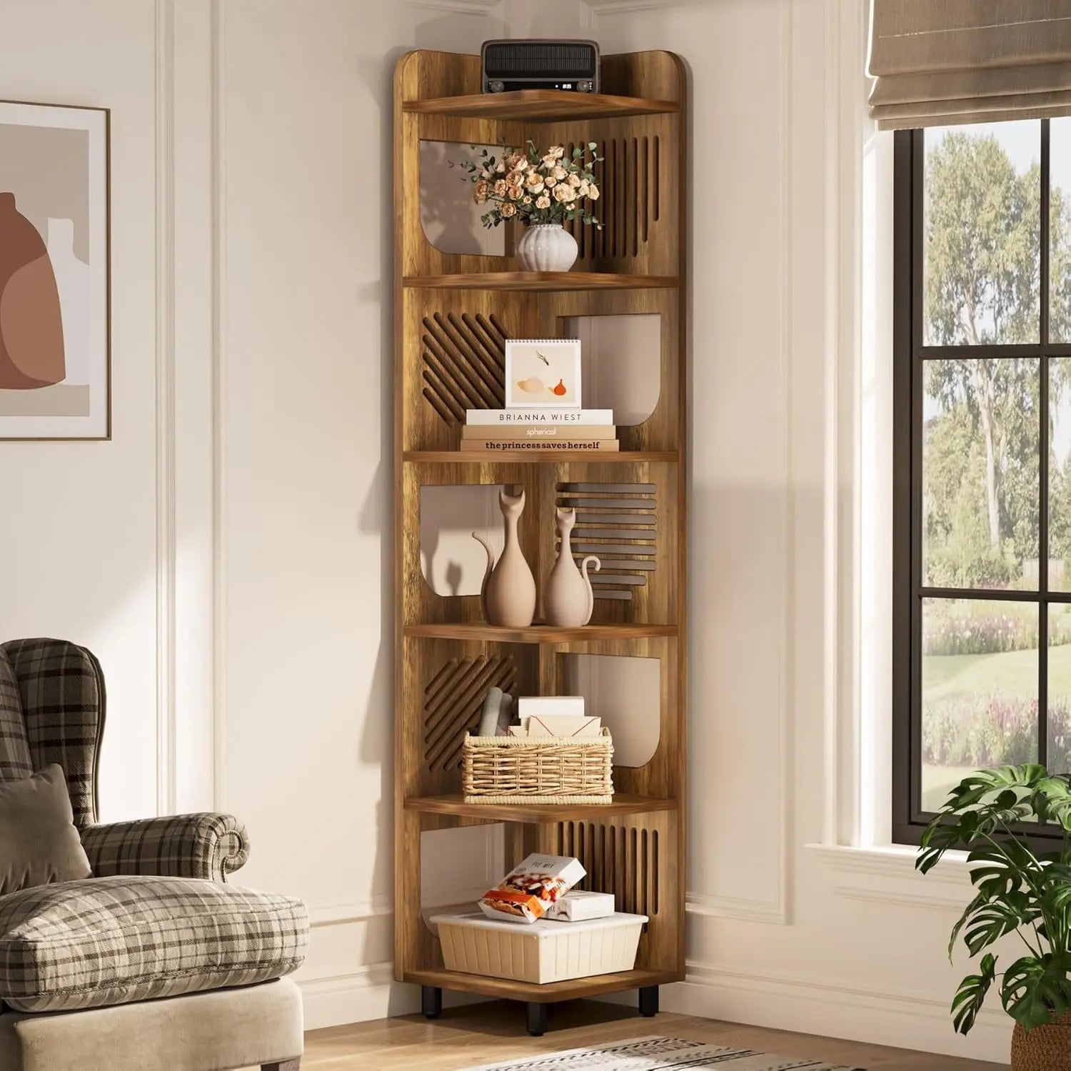 Corner Shelf,Narrow Corner Bookshelf,Freestanding Corner Display Storage Shelf Organizer for Living Room, Kitchen, Office