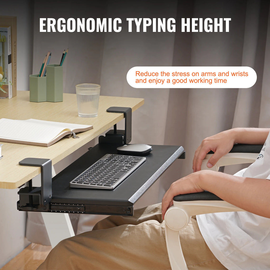 SucceBuy 26.8in Under Desk Keyboard Tray Slide in/out Ergonomic Universal Keyboard Tray No-Drilling C-Clamps Easy to Install