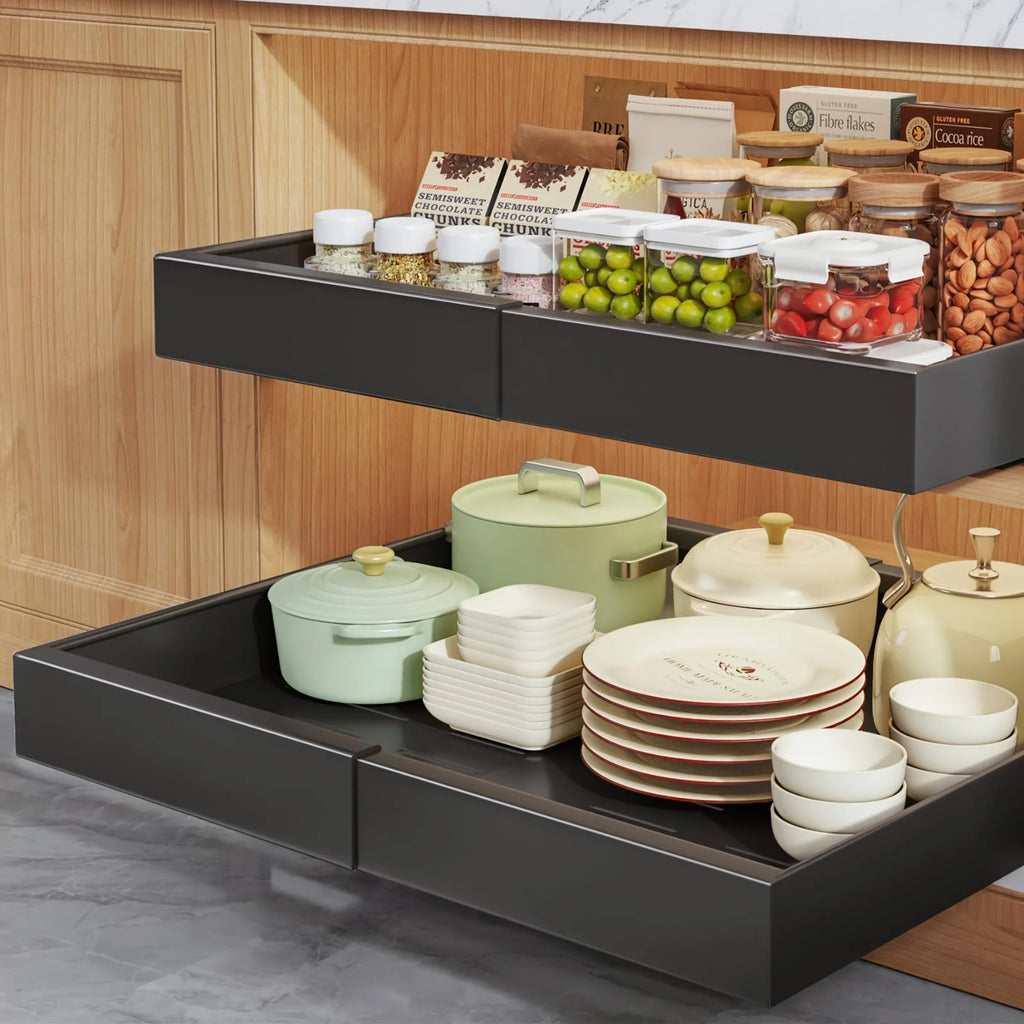 2/4/6pcs Expandable Pull Out Drawers for Kitchen Cabinets Sliding Storage Shelves, Heavy Duty Carbon Steel Pantry Organizer, No Drill Under Sink Roll Out Basket, Easy Access Cabinet Shelf for Bathroom & Laundry