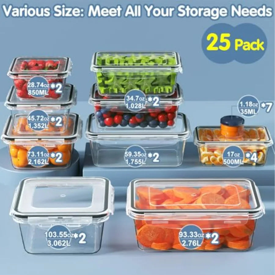 50 PCS Food Storage Containers Set, Plastic Food Containers for Pantry Kitchen Storage and Organization, Microwave and Dishwasher safe