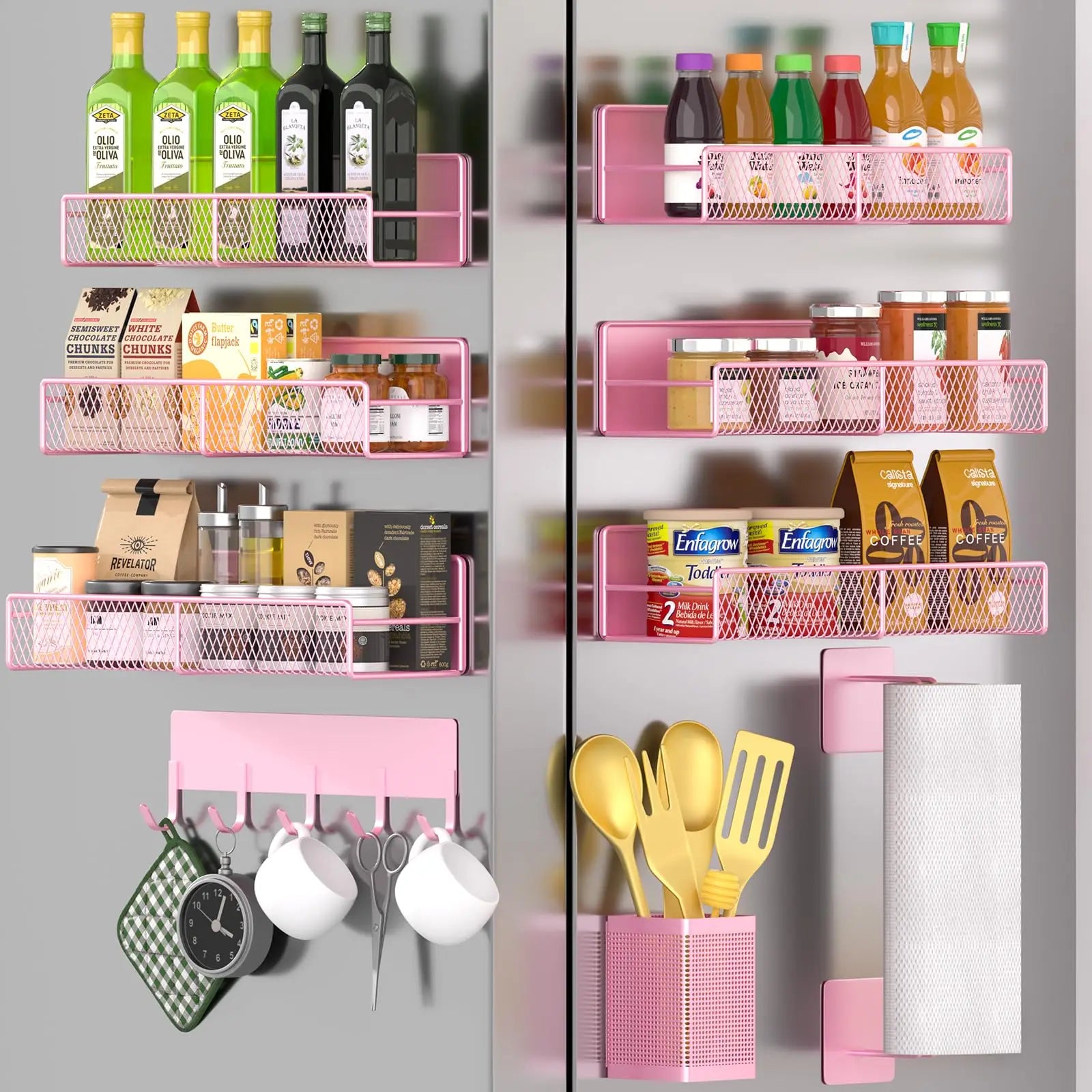 Refrigerator Magnetic Spice Rack, 6-piece 100% Metal Strong Magnetic Shelf Black, Space-Saving Spice Storage, Home Kitchen Laundry Storage Organization W/Tissue Rack, Cutlery Rack