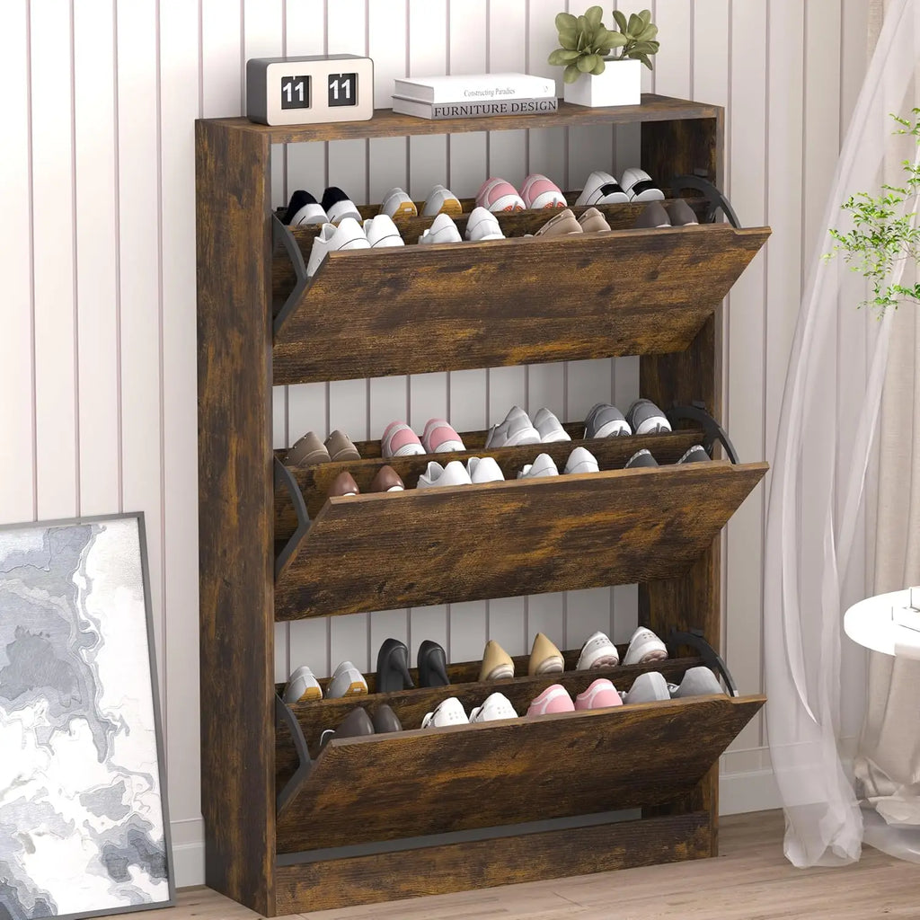 Slim Shoe Cabinet with 3 Flip Drawers, Adjustable Shelves, Freestanding Organizer for Entryway Hallway Closet Storage